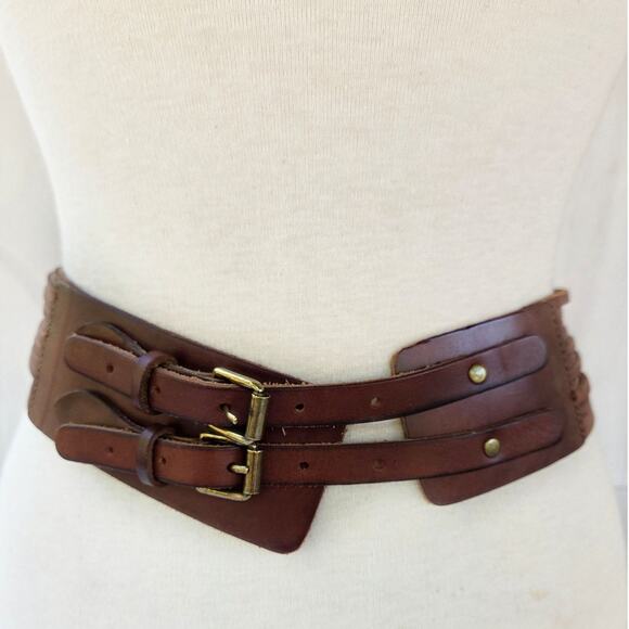 J.Crew Cognac Leather Wide Corset Belt S Double Buckle Gold Hardware NEW - Picture 1 of 6